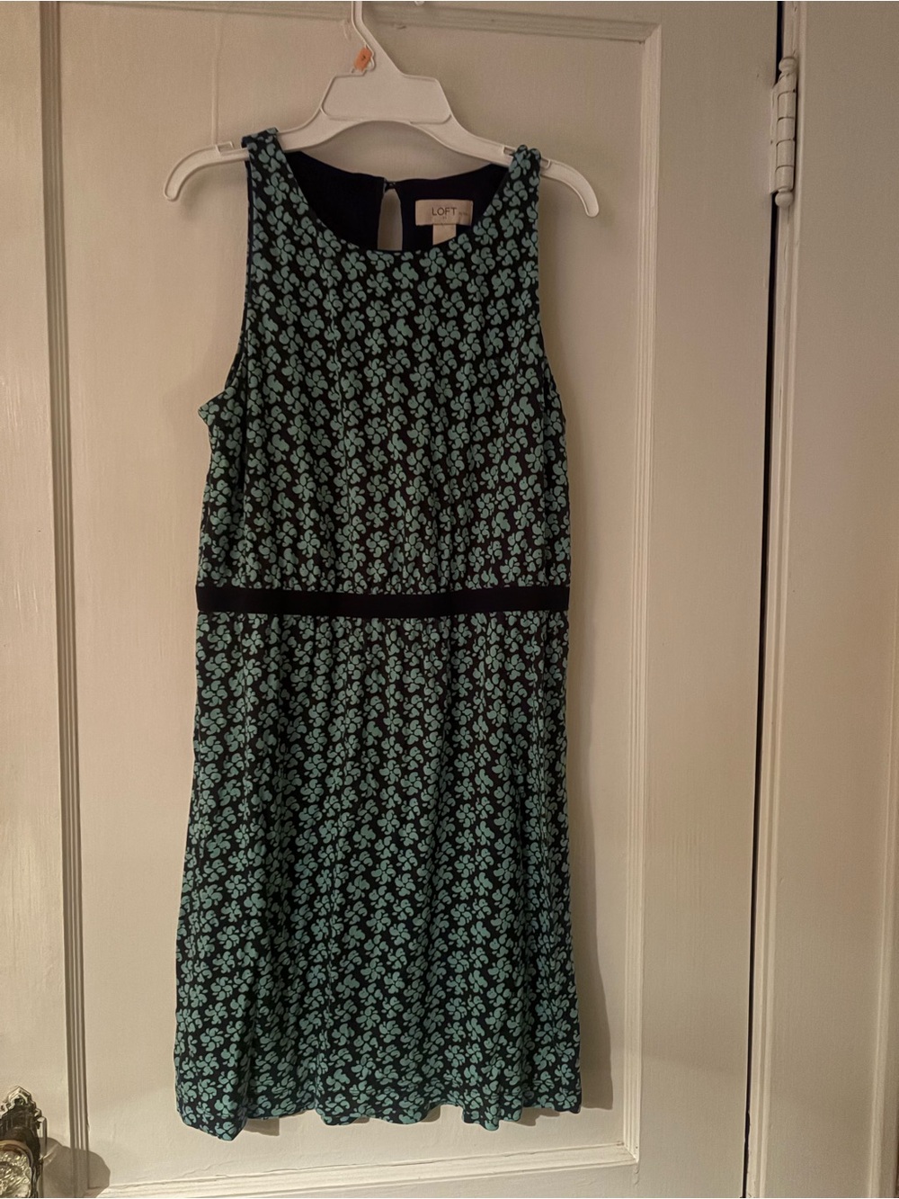 LOFT Teal Floral Sleeveless Midi Dress with Black Waistband